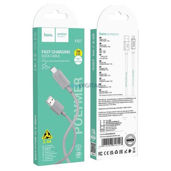 Hoco X107 USB-A - micro USB kábel 2.4A 1m - szürke
