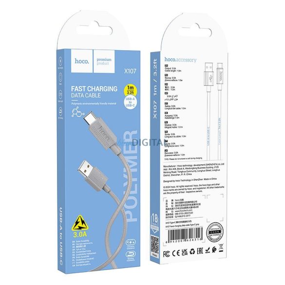 Hoco X107 USB-A - Type-C kábel 3A 1m - fehér