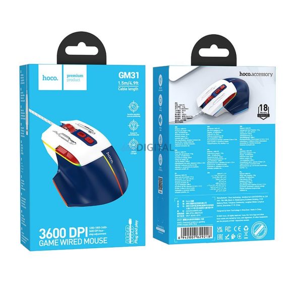 HOCO gaming wire USB A számítógépes egér 3600DPI fehér kék