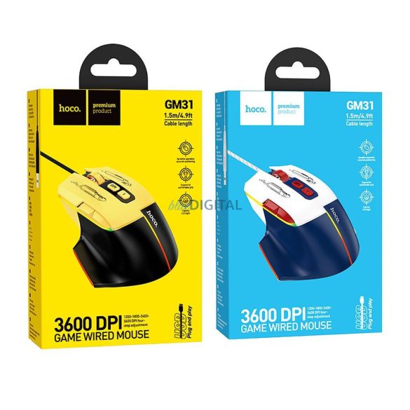 HOCO gaming wire USB A számítógépes egér 3600DPI fehér kék