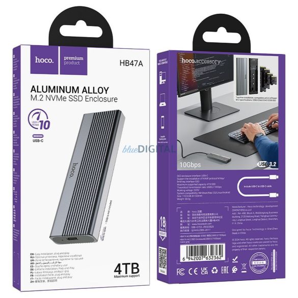 HOCO ház M.2 NVME SSD-meghajtókhoz M kulcs B+M kulcs akár 4TB C típusú USB3.2 / 10GBps HB47A fémszürke HB47A szürke