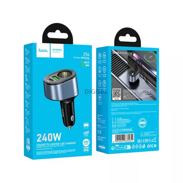 HOCO autós töltő USB-A + C típus + szivargyújtó PD QC3.0 3A 35W Z56 fekete