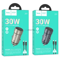   Hoco Z57 autós töltő 1xUSB-C csatlakozással + Type-C - Lightning kábellel 30W QC PD - fémszürke