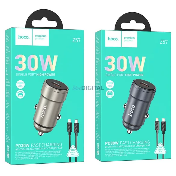 Hoco Z57 autós töltő 1xUSB-C csatlakozással + Type-C - Lightning kábellel 30W QC PD - fémszürke