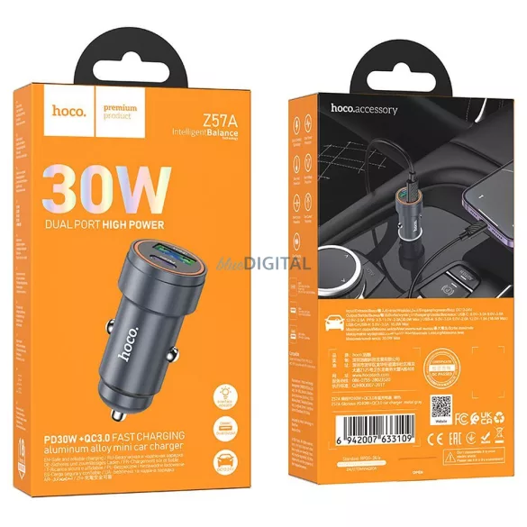 HOCO autós töltő USB-A + C típus PD QC3.0 3A 30W Z57A fémszürke