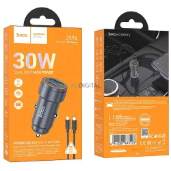   Autótöltő Hoco USB-A + USB C QC3.0 PD 30W + kábel USB C - Lightning Z57A fekete