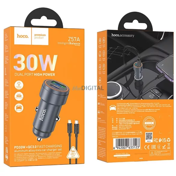 Autótöltő Hoco USB-A + USB C QC3.0 PD 30W + kábel USB C - Lightning Z57A fekete