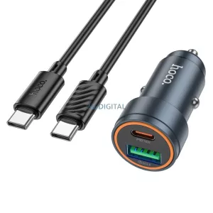 Autótöltő Hoco USB-A + USB C QC3.0 PD 30W + kábel USB C-ről USB C-re Z57A fekete