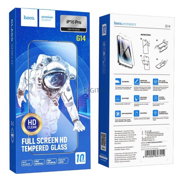 Hoco 5D Guardian Shield edzett üveg fekete szegéllyel iPhone 16 Pro - 10 db