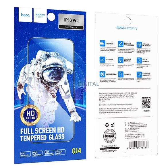 Hoco 5D Guardian Shield edzett üveg fekete szegéllyel iPhone 16 Pro - 10 db