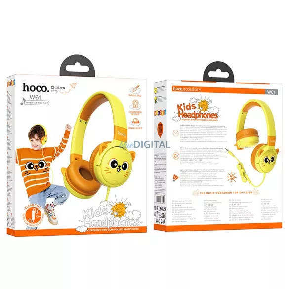 HOCO vezetékes fejhallgató 3,5 mm-es jack gyerekeknek mikrofonnal W61 nap sárga