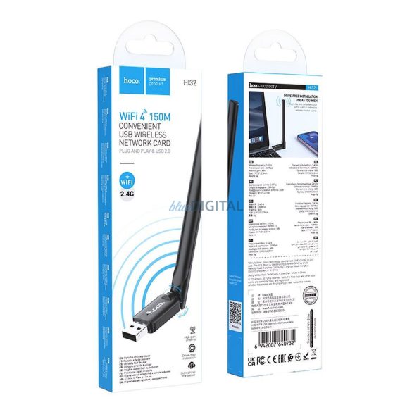 HOCO vezeték nélküli hálózati kártya külső antennával USB Wifi4 HI32 fekete