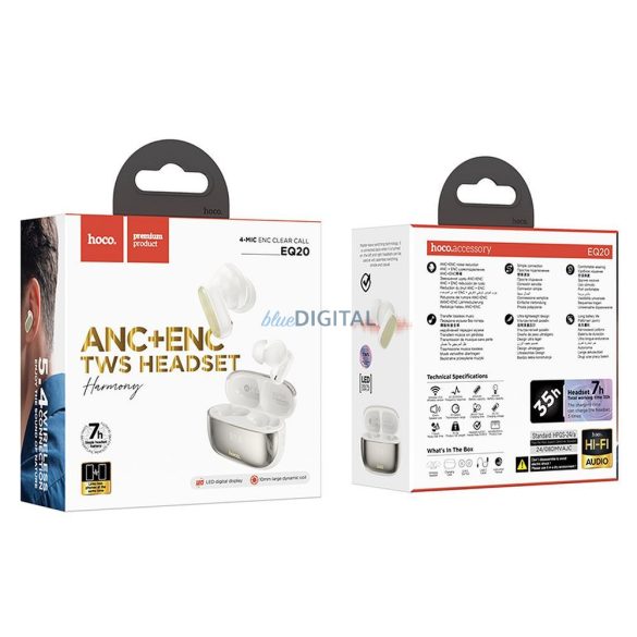 Hoco EQ20 TWS Bluetooth vezeték nélküli fülhallgató ANC, ENC - törtfehér