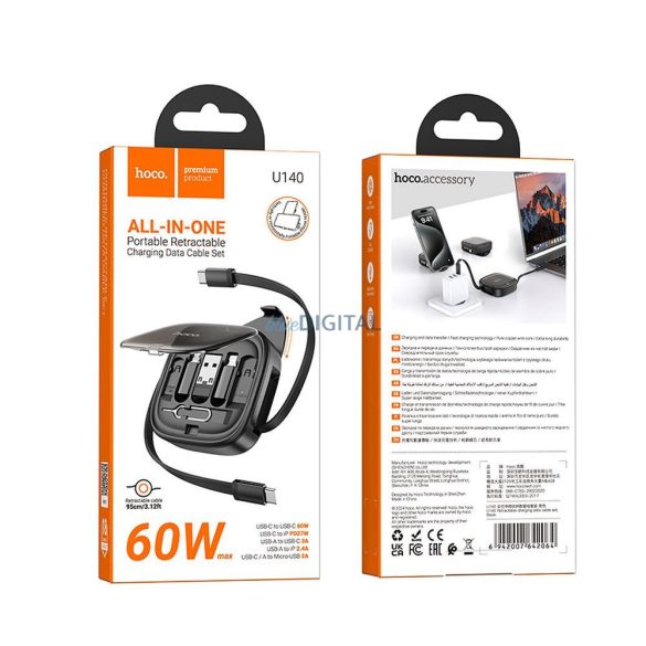 Hoco U140 Type-C - Lightning/micro USB/Type-C kábel 60W 3A PD 0.95m - fekete