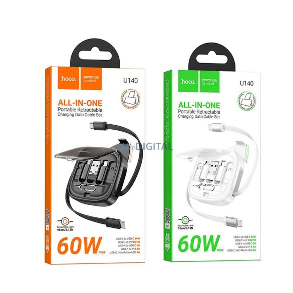 Hoco U140 Type-C - Lightning/micro USB/Type-C kábel 60W 3A PD 0.95m - fekete