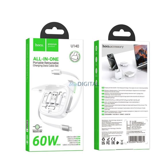 Hoco U140 Type-C - Lightning/micro USB/Type-C kábel 60W 3A PD 0.95m - fehér