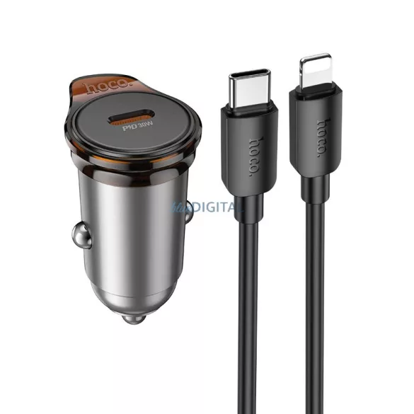 HOCO C típusú autós töltő + kábel C típusú Lightning PD QC 30W NZ16 fém szürke