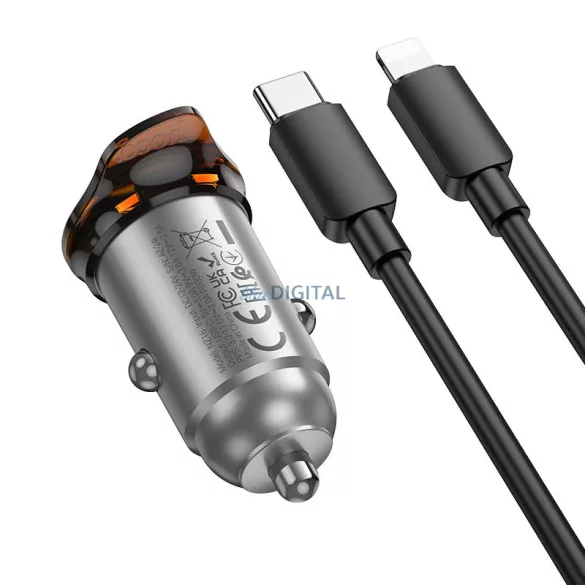HOCO C típusú autós töltő + kábel C típusú Lightning PD QC 30W NZ16 fém szürke