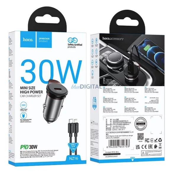 HOCO C típusú autós töltő + kábel C típusú Lightning PD QC 30W NZ16 fém szürke