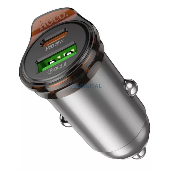Hoco NZ16A autós töltő 1xUSB-A és 1xUSB-C csatlakozással 43W QC3.0 - fémszürke