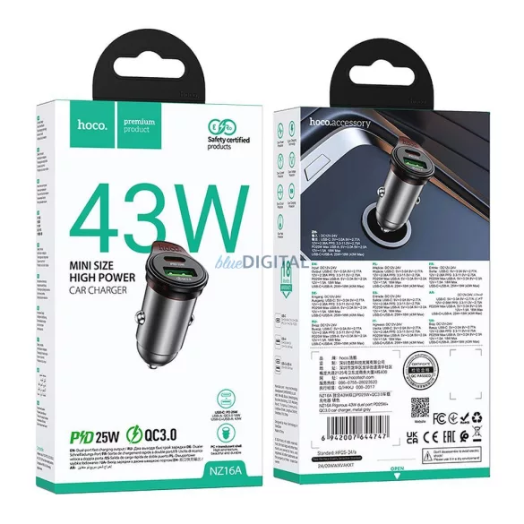 Hoco NZ16A autós töltő 1xUSB-A és 1xUSB-C csatlakozással 43W QC3.0 - fémszürke