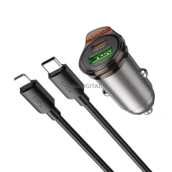   Hoco NZ16A autós töltő 1xUSB-A és 1xUSB-C csatlakozással + Type-C - Lightning kábellel 43W QC3.0 - fémszürke