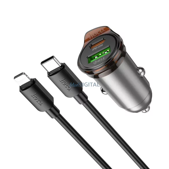 Hoco NZ16A autós töltő 1xUSB-A és 1xUSB-C csatlakozással + Type-C - Lightning kábellel 43W QC3.0 - fémszürke