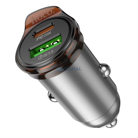 Hoco NZ16A autós töltő 1xUSB-A és 1xUSB-C csatlakozással + Type-C - Lightning kábellel 43W QC3.0 - fémszürke