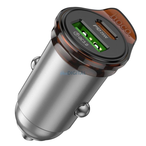 Hoco NZ16A autós töltő 1xUSB-A és 1xUSB-C csatlakozással + Type-C - Lightning kábellel 43W QC3.0 - fémszürke