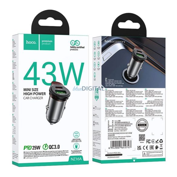 Hoco NZ16A autós töltő 1xUSB-A és 1xUSB-C csatlakozással + Type-C - Lightning kábellel 43W QC3.0 - fémszürke