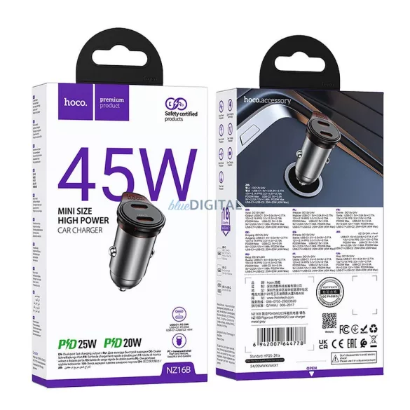Hoco NZ16B autós töltő 2xUSB-C csatlakozással 45W QC3.0 - fémszürke