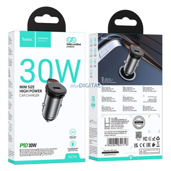 Hoco NZ16B autós töltő 2xUSB-C csatlakozással + Type-C - Lightning kábellel 45W QC PD - fémszürke