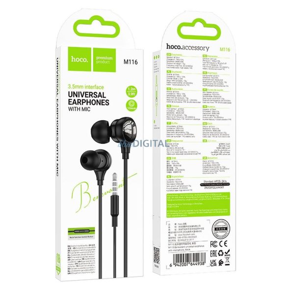 Hoco M116 vezetékes fülhallgató mikrofonnal 3.5mm jack csatlakozóval - fekete