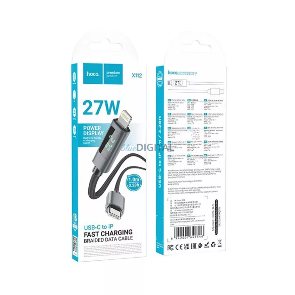 HOCO C típusú kábel Lightninghoz PD 27W X112 kijelzővel 1 m fekete HOCO C típusú kábel Lightninghoz PD 27W X112 1 m fekete