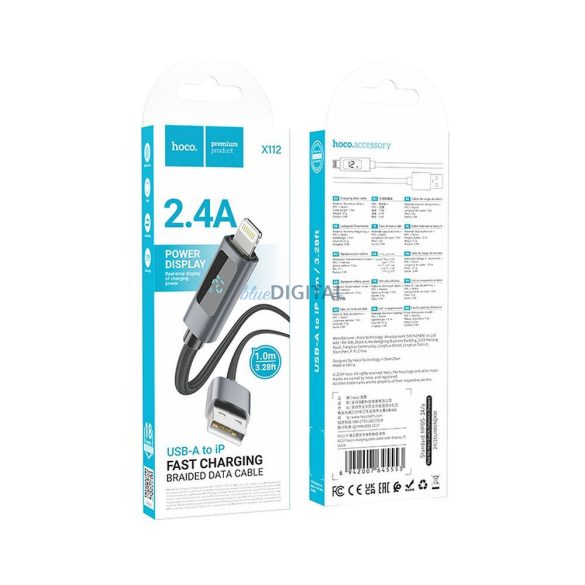 Kábel USB-A Lightning Hoco 2,4A kijelzővel 1 m X112 fekete