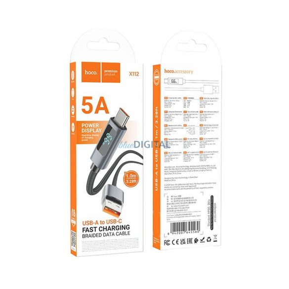Kábel USB-A és USB C Hoco 5A Hoco 5A kijelzővel 1 m X112 fekete