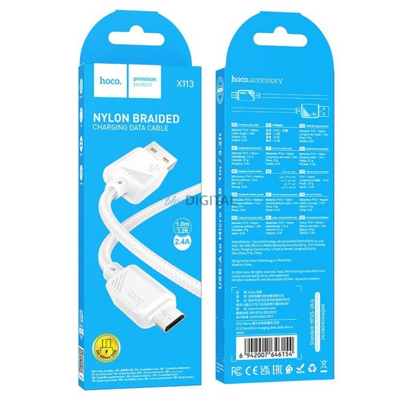 HOCO kábel USB-A - Micro USB 2,4A X113 1 m fehér
