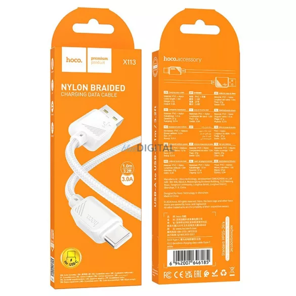 HOCO kábel USB-A do C típus 3A X113 1 m fehér