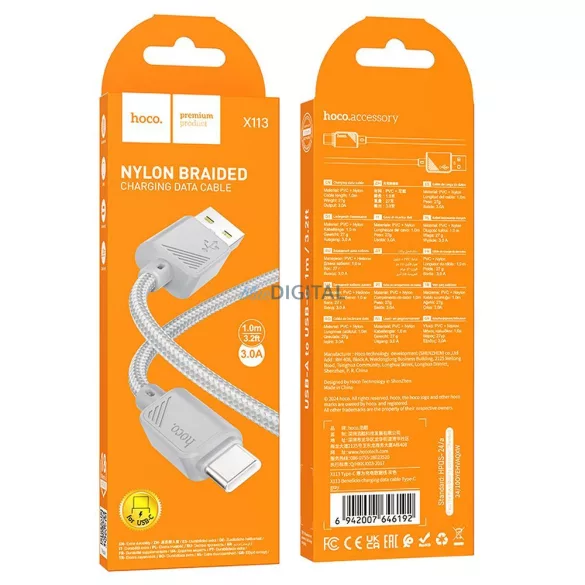 HOCO kábel USB-A do C típus 3A X113 1 m szürke