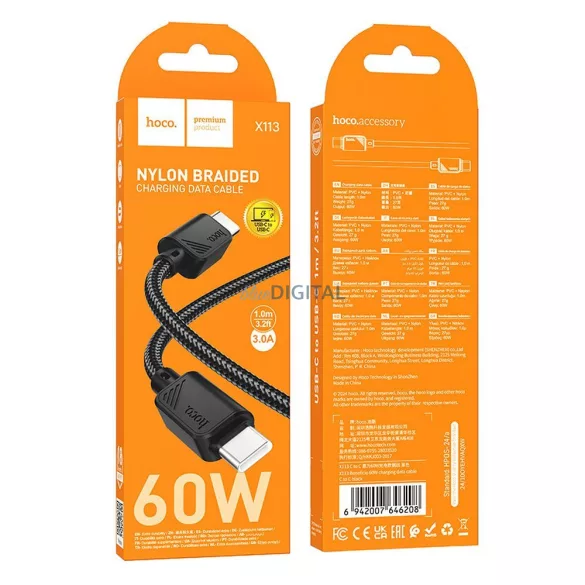 HOCO C típusú kábel C típusú C típusú kábelre 3A 60W X113 1 m fekete