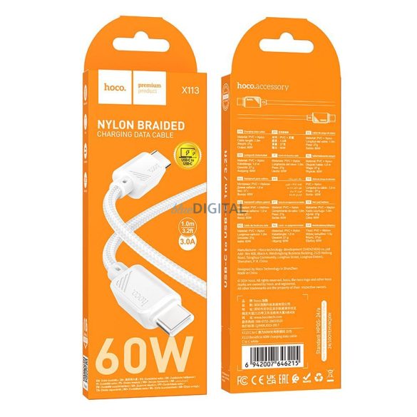 HOCO C típusú kábel C típusú C típusú kábelre 3A 60W X113 1 m fehér