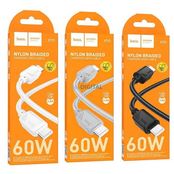 HOCO C típusú kábel C típusú C típusú kábelre 3A 60W X113 1 m fehér