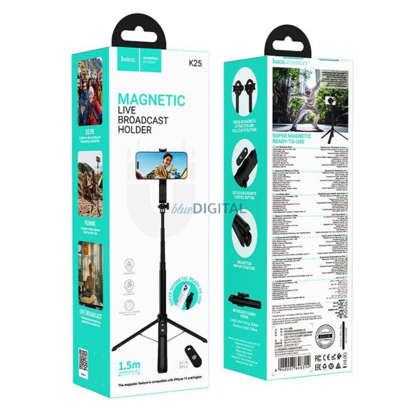 HOCO K25 mágneses szelfi bot/tripod vezeték nélküli vezérléssel - fekete
