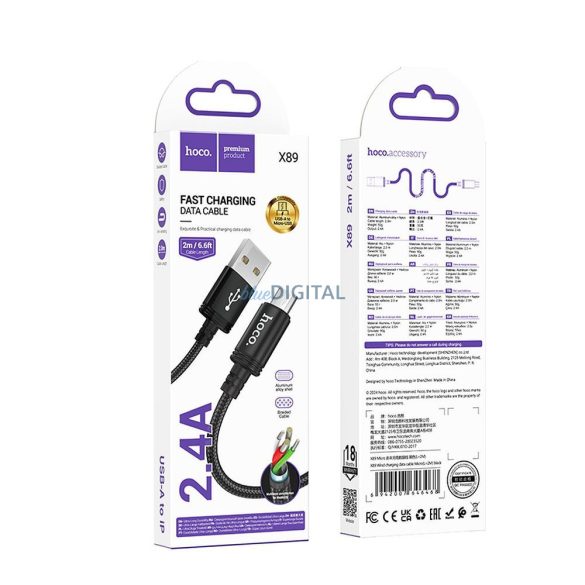 Hoco X89 USB-A - micro USB kábel 2.4A 2m - fekete
