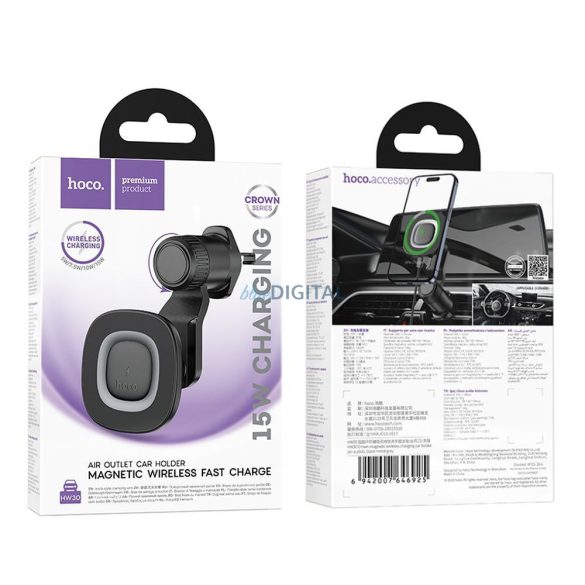 Autós telefontartó indukciós Hoco 15W légkifúvó HW30 fekete