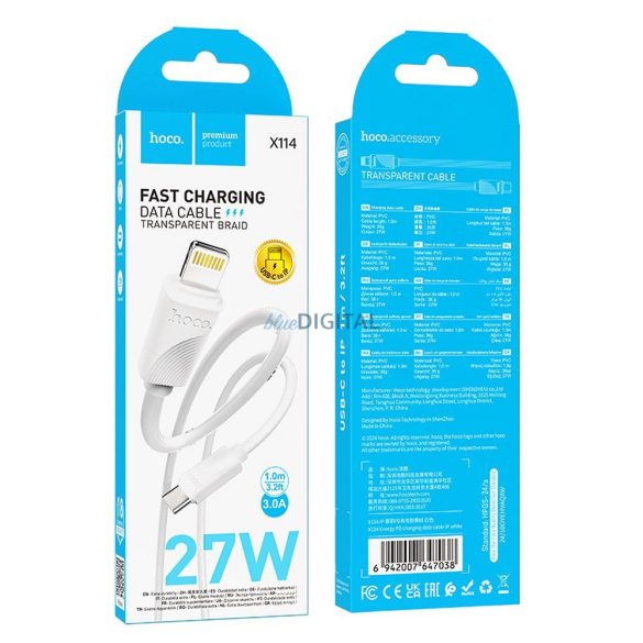 HOCO C típusú kábel Lightning PD 27W X114 1 m fehér