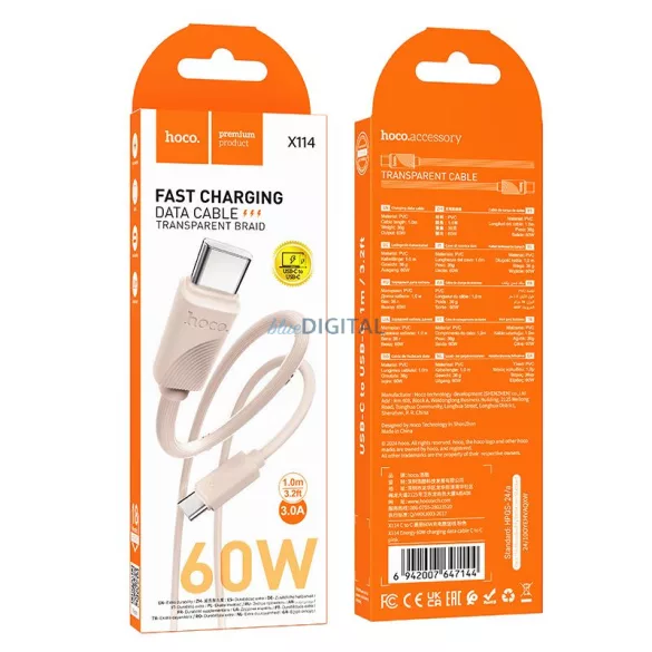 HOCO C típusú kábel C típusú C típusú kábelre 3A 60W X114 1 m rózsaszínű