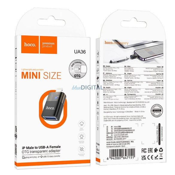 Hoco UA36 Lightning - USB-A adapter - fekete