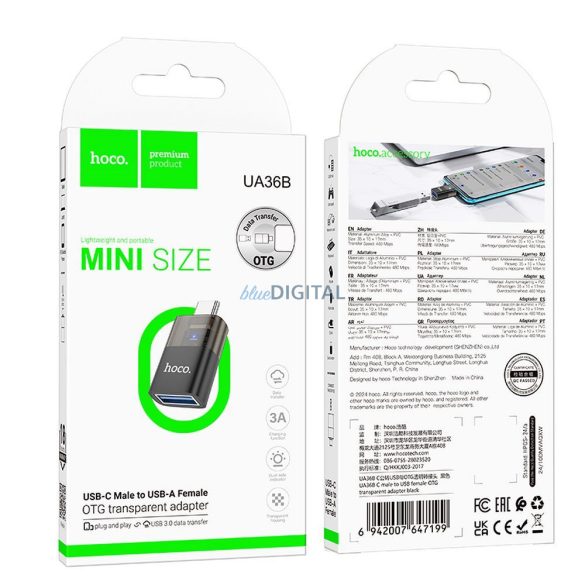 Hoco UA36B Type-C - USB-A adapter - fekete