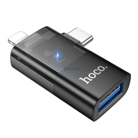 Hoco UA36E Type-C/Lightning - USB-A adapter - fekete